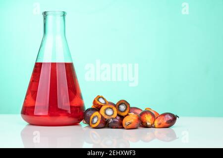 Huile de palme et fruits de couleur rouge non raffinés avec bol laboratoire Banque D'Images