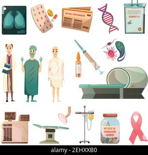 Vaincre le cancer médical orthogonal icônes ensemble avec oncologue chirurgien bald illustration du vecteur isolé du patient et du scanner irm Illustration de Vecteur