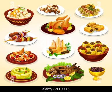 Ramadan repas de fête de l'iftar plats arabes. Fruits dattes, baklava et samosa dessert islamique, riz au poulet biryani, kebab grillé et poisson, hum Illustration de Vecteur