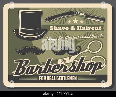 Affiche vintage de barbershop ou de coiffeur. Rasoir pour barbe Vector et moustaches taillez la coupe ou la coupe de cheveux en studio, chapeau pour hommes, rasoir et ciseaux Illustration de Vecteur