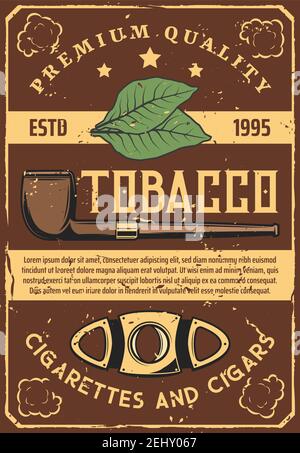 Feuilles de tabac et pipe de fumage vintage, ciseaux cubains de cigare, outil. Cigarettes vectorielles et habitudes nuisibles, nuages de fumée, articles pour fumeurs et accessoires. Illustration de Vecteur