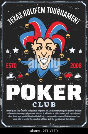 Affiche de jeu et de club de poker. Scénario rétro vectoriel de Joker avec des cartes à jouer des combinaisons de pique, de coeur ou de diamants et de clubs ou d'étoiles. Casino po Illustration de Vecteur