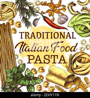 Pâtes italiennes avec affiche sur les assaisonnements pour la cuisine italienne. Spaghetti et fusilli, tortellini et stelle, fettuccine et rigatoni. Alluovo et la crème Illustration de Vecteur