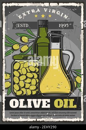 Huile d'olive en bouteille, en carafe ou conservée. Assaisonnement liquide de cuisson vectoriel en produit biologique naturel scellé dans un récipient. Nutrition saine et le sala Illustration de Vecteur