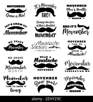 Symboles monochromes de la saison Movember avec lettrage, pas de mois de rasage. Vecteur mâle de sensibilisation au cancer de la prostate mois, symboles millésimés Illustration de Vecteur