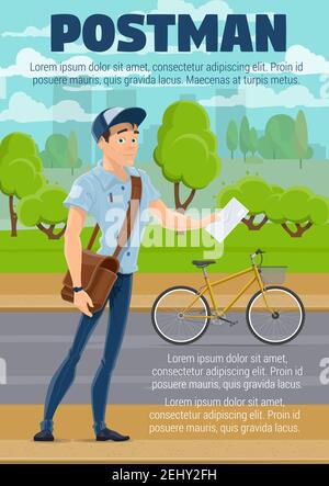 Poste livrant le courrier avec vélo. Personnage de dessin animé de Mailman en uniforme bleu avec lettre, enveloppe, colis et pochette. Bureau de poste et service postal Illustration de Vecteur