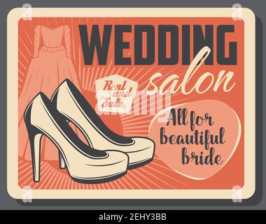 Salon de mariage et mariée accessoires de mode boutique et couturière tailleur . Affiche vintage Vector avec robe de mariage louer et talons hauts, qualité supérieure Illustration de Vecteur