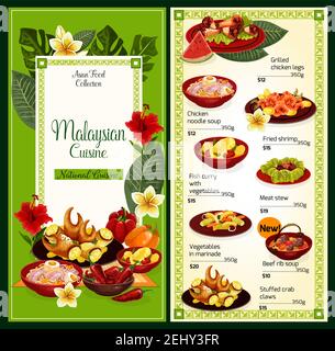 Menu de cuisine malaisienne. Vector plats asiatiques traditionnels de poulet grillé, soupe de nouilles ou crevettes frites et curry de poisson avec légumes, méa Illustration de Vecteur