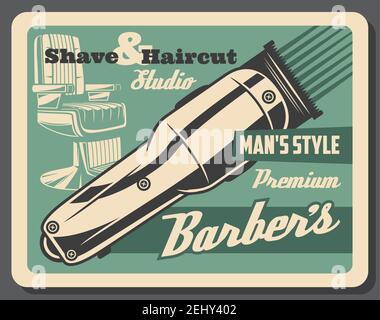 Coiffeur de salon de coiffure de barbershop studio ou coiffeur d'hommes affiche vintage. Chaise et tondeuse à barbe Vector barber ou moustaches Illustration de Vecteur