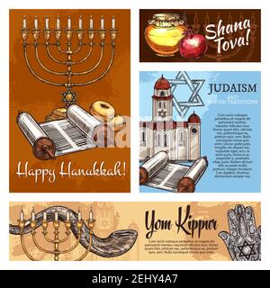 Bonne affiche pour les fêtes religieuses Hanukkah, Shana Tova et Yom Kippur judaïsme. Vecteur juif traditionnel Rosh Hashanah shofar corne, Hanoukkah menorah or Illustration de Vecteur