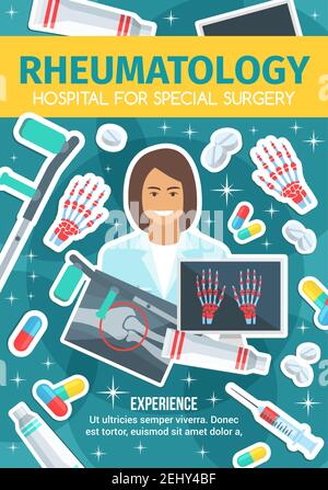 Rheumatologie médecin et traitement, rayons X et pilules. Béquilles et analgésiques, seringues et os squelettiques en douleur avec pommade. Rhumatologue vectoriel, h Illustration de Vecteur