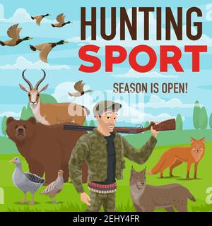 Chasseur avec arme à feu ou fusil, affiche de sport de chasse. Huntsman dans les munitions et les proies, saison de chasse. Ours et antilope, oie et tétras avec canards troupeau, FO Illustration de Vecteur