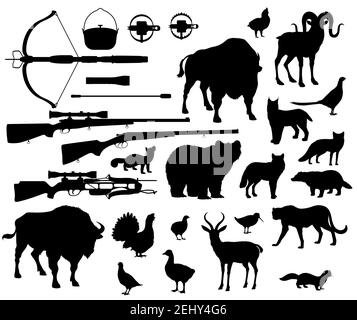 Silhouettes d'animaux et d'oiseaux, icônes d'équipement de chasse. Crossbow et pistolet ou fusil, briquet et chou-fleur avec piège. Ours vectoriel et buffle, chèvre Illustration de Vecteur