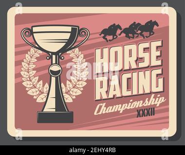 Carte rétro de championnat de course de chevaux. Tournoi de horserace Vector à l'hippodrome, coupe de trophée et couronne de Laurier. Jockeys sur le trac de course à cheval Illustration de Vecteur