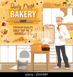 Baker avec menu et pâtisserie, boulangerie. Pain et gâteau Vector, beignet et roulés, gaufres et cheesecake, biscuit au pain d'épice et guimauve, cupcak Illustration de Vecteur
