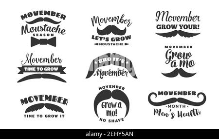 Les symboles monochromes de la saison de la moustache Movember sont en caractères. Vecteur mâle symboles millésime mois de sensibilisation au cancer de la prostate Illustration de Vecteur