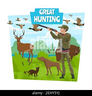 Hunt, ouvre la saison d'aventure au club de chasse. Chasseur avec fusil et chien dans la forêt chasse animaux sauvages ours, cerf ou ermine vison et canards Illustration de Vecteur