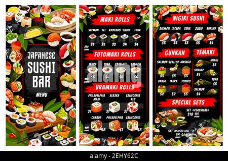 Menu sushis et petits pains, cuisine japonaise. Vector maki et nigiri, futomaki et uramaki, gunkan et temaki, ikura et philadelphie, unagi. Saumon et anguille Illustration de Vecteur
