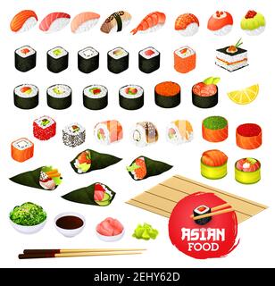 Sushis et petits pains, cuisine japonaise. Vector temaki et sashimi, ikura et kappa ou syaki avec tekka maki, kappamaki et uramaki. Gunkan an Illustration de Vecteur