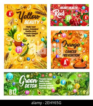 Arc-en-ciel alimentation saine et vitamines dans les fruits et les légumes. Vector couleur régime alimentaire bio et naturel salades et baies, vert détox ou RE Illustration de Vecteur