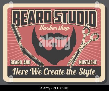 Affiche de barbershop, rasage de la barbe et moustaches coupées. Vector haircut studio ou salon de coiffure pour hommes avec rasoir et ciseaux à cheveux Illustration de Vecteur