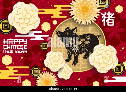 Carte de vœux chinoise du nouvel an avec silhouette de porc. Zodiaque animal de l'horoscope oriental sur l'affiche avec rose blanche et chrysanthème. Hiéroglyphe et Illustration de Vecteur