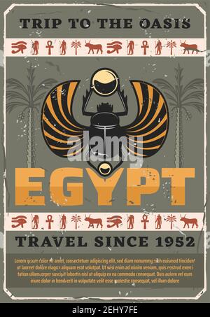 Insecte vecteur scarabée égyptien, carabaeus rétro sacer. Voyage en Égypte, symboles religieux anciens, Horus Eye et Ra, Anubis et ox, Croix copte et palmier Illustration de Vecteur