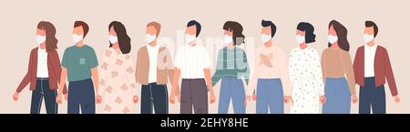 Groupe de personnes avatar portant des masques médicaux pour prévenir la maladie du coronavirus, la pollution du virus mondial. Collection de caractères d'illustration vectorielle Illustration de Vecteur