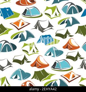 Tentes de camping modèle sans couture, logement portable en textile, équipement de randonnée. Vector actif passe-temps en plein air dans les montagnes ou la forêt, loisirs et s Illustration de Vecteur