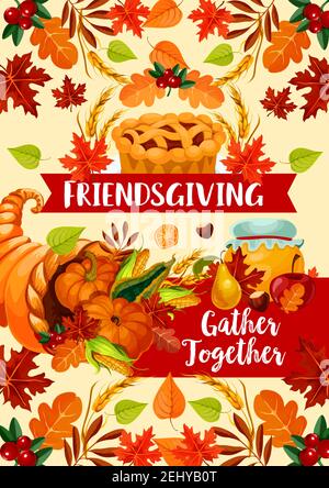 Dîner de fête des amis rassembler des amis. Vector automne Holiday, carte de célébration de Thanksgiving. Légumes et fruits, récolte de cornucopia et Illustration de Vecteur