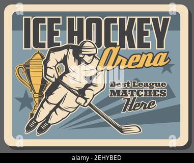 Affiche vintage du match de hockey sur glace, tournoi de coupe de sport d'hiver. Joueur de hockey sur glace Vector en casque et tenue avec bâton de hockey et pu Illustration de Vecteur