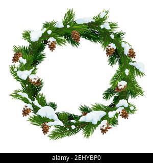 Couronne de Noël enneigée cadre de branches vertes de pin, de sapin et d'épicéa avec neige et cônes. Vector Noël et nouvel an hiver vacances décoration desi Illustration de Vecteur