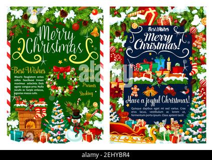 Carte de vœux Joyeux Noël ou fête de Noël. Décorations et bas-cadeaux à la cheminée. Vecteur Santa nouvel an traîneau, bonhomme de neige Illustration de Vecteur