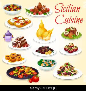 Cuisine sicilienne, en-cas, salades et desserts. Pâtes à spaghetti à boulettes vectorielles, caponata à ragoût d'aubergines, cannoli et arancini de riz, pain de focaccia W Illustration de Vecteur