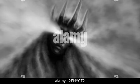 Déesse des ténèbres Horror FANTASY illustration avec effets de flou. La reine du mal avec la couronne sur sa tête et regarde vers le bas. Visage féminin effrayant avec des yeux lumineux Banque D'Images