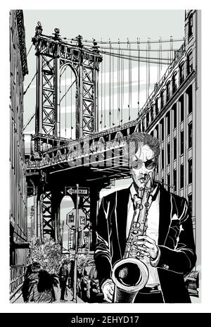 Saxophoniste près du pont de Manhattan à brooklyn - illustration vectorielle Illustration de Vecteur