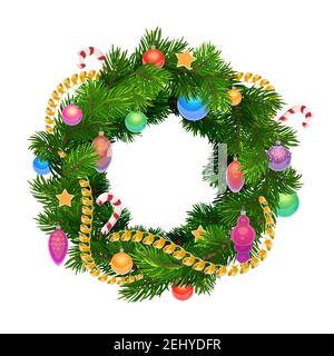 Couronne de Noël avec boules, décoration et ornements. Arbre de Noël vectoriel couronne de sapin et de pin avec guirlande confetti, étoiles dorées, boules ou cônes et Illustration de Vecteur