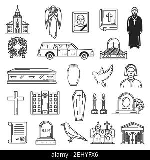 Symboles funéraires, cérémonie religieuse d'internement funéraire. Église vectorielle temple et ange, livre biblique, couronne de prêtre et rituel, corbillard et tombe, prof Illustration de Vecteur