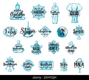 Bouddhisme religion lettrage des signes et croquis des icônes. La méditation bouddhiste vectorielle et les symboles religieux de Bouddha, le signe de la mudra du yoga, la roue du Dharma et le Yin Illustration de Vecteur