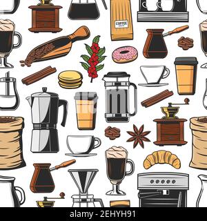 Fond de café sans couture avec tasses vectorielles de boisson chaude. Machine à espresso, moulin à café, tasses à latte et cappuccino, cafetière, fritté Illustration de Vecteur