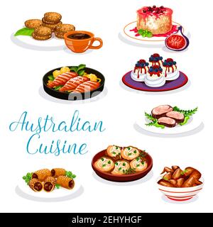 Plats de viande australiens avec desserts. Steak de bœuf vectoriel, agneau en pâte feuilletée et ailes de poulet barbecue, poisson perchée avec sauce végétale et pomme de terre, merde Illustration de Vecteur