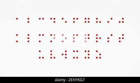 Alphabet à pois en braille pour malvoyants. Formé de sphères rouges, alphabet anglais, rendu 3d Banque D'Images