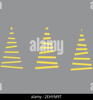 Ligne vectorielle arbre de Noël jaune et gris, pins pour carte de vœux, invitation, bannière, Web. Nouvel an et Noël arbre de symbole traditionnel avec guirlandes, Illustration de Vecteur
