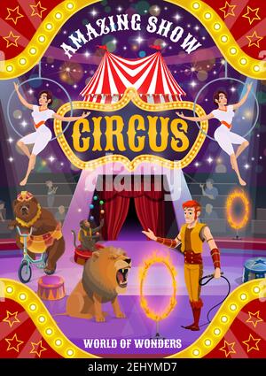 Spectacle d'animaux de cirque et affiche vectorielle de performance acrobat. Lion, ours et singe jongleur avec entraîneur ou tamère et trapèze filles avec air anneaux perforer Illustration de Vecteur