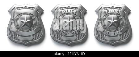 Badge métallique de police isolé sur le panneau blanc et symbole de police. illustration 3d Banque D'Images