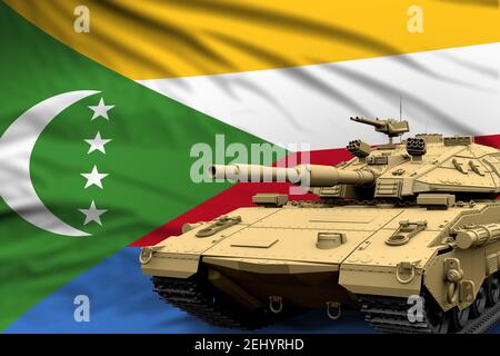 Char lourd avec conception fictive sur fond de drapeau des Comores - concept moderne des forces armées de chars, militaire 3D Illustration Banque D'Images