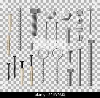 Fixations de construction et vis, boulons et écrous de meubles. Vis à décalage métallique, boulons et écrous à tête hexagonale, fixations en bois ou crochets à œillet Vector réalistes Illustration de Vecteur