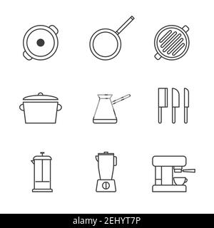 Ensemble d'ustensiles simples pour le restaurant, d'ustensiles pour la préparation des aliments, icône en style de ligne tendance, isolé sur fond blanc pour les applications Web et les applications mobiles Illustration de Vecteur