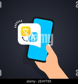 Traducteur multilingue en ligne, illustration vectorielle. Smartphone avec icône de l'application de traduction à l'écran. Traducteur vocal en ligne. E-learning, transl Illustration de Vecteur