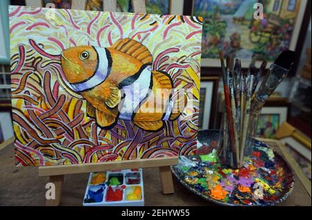 Art, huile, peinture, poisson Clown , Amphiprioninae , poisson Nemo Banque D'Images